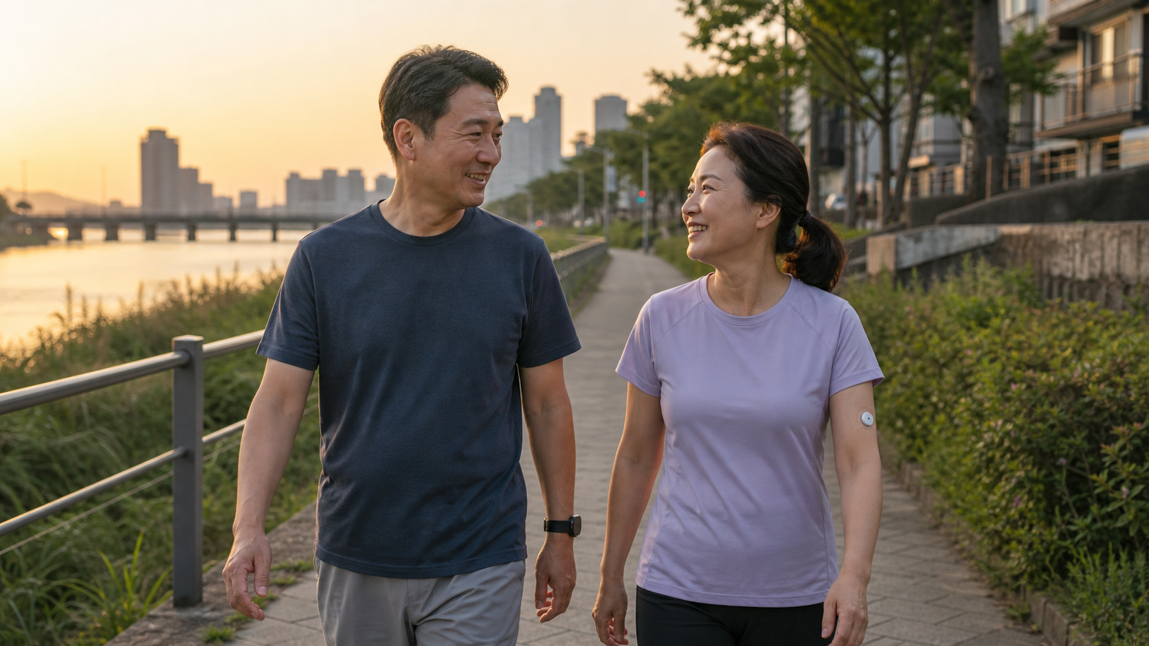 중년 부부가 저녁 식사 후 강변 산책로를 편안한 속도로 걷는 모습