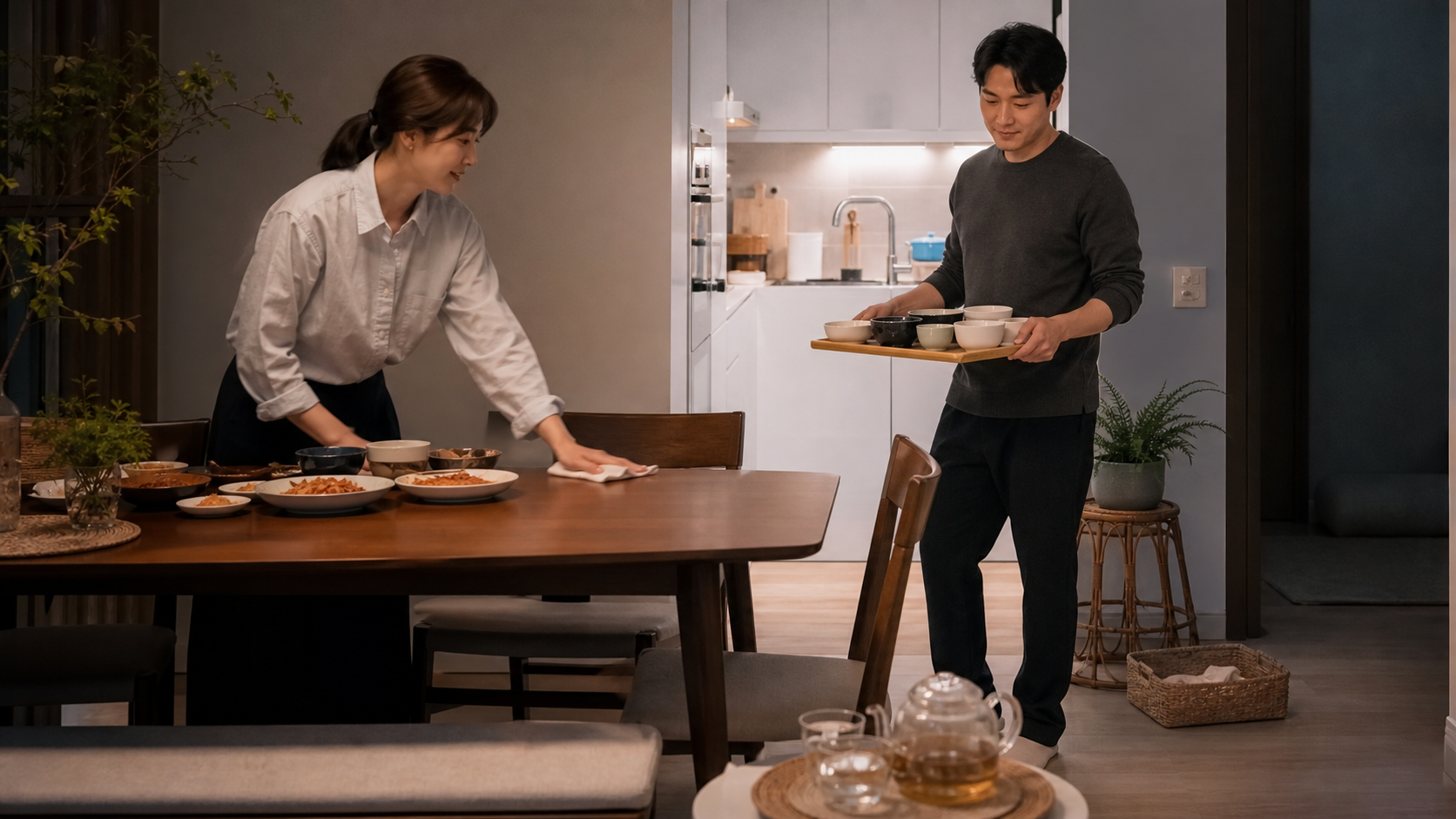 부부가 저녁 식사 직후 그릇을 쟁반으로 옮기고 식탁을 닦으며 함께 마감하는 모습