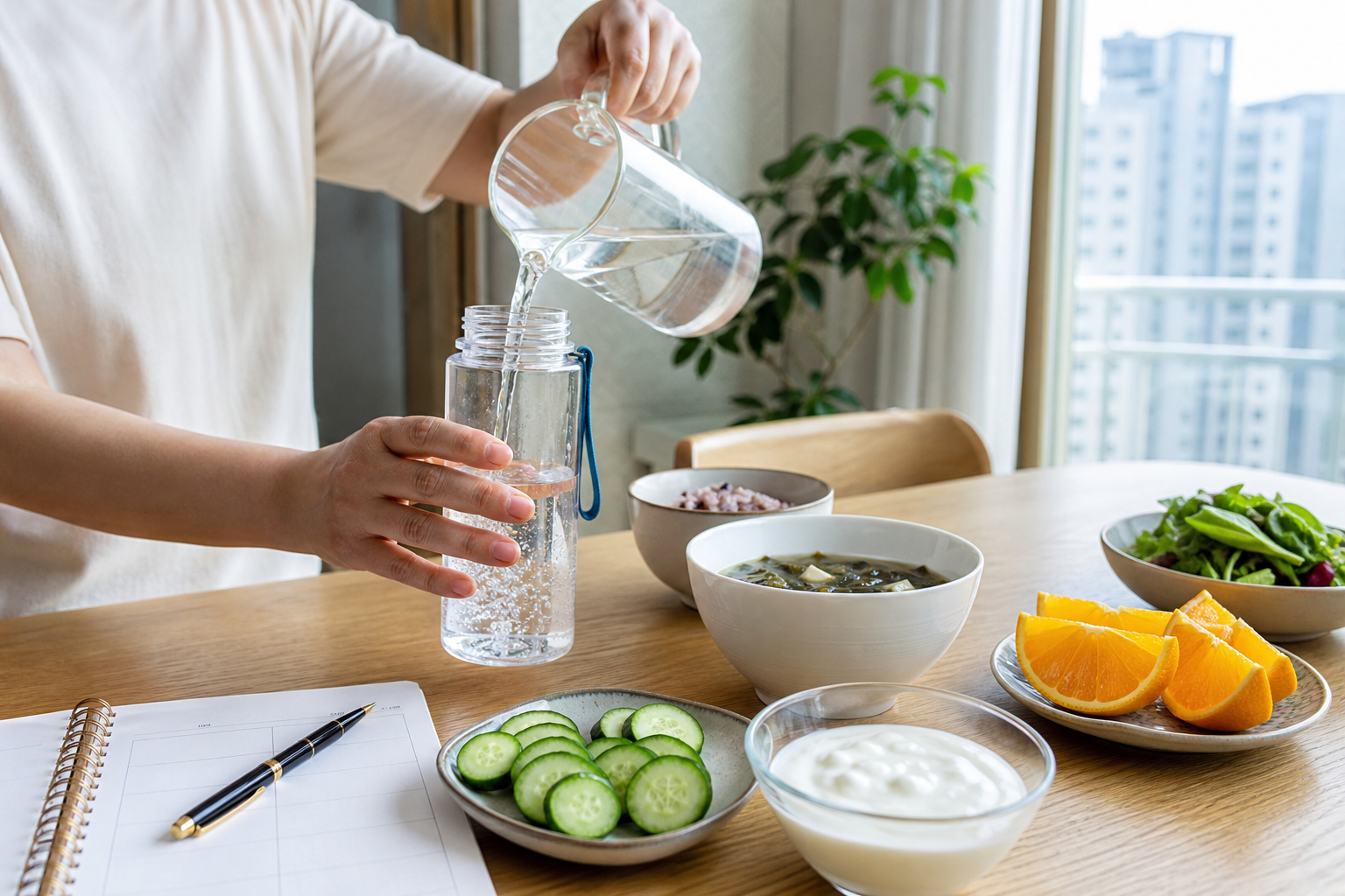 식사 옆의 적당한 물병에 물을 채우고 수분이 포함된 국과 오이 및 과일을 함께 준비한 모습