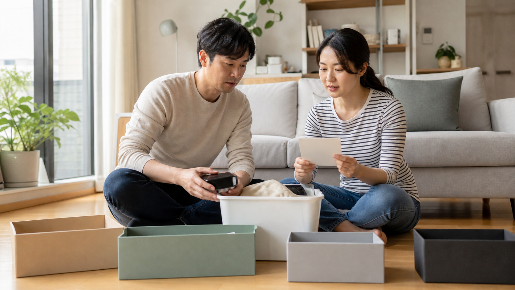 부부가 보류함의 물건을 보관, 기부, 수리, 반품으로 차분히 분류하는 모습