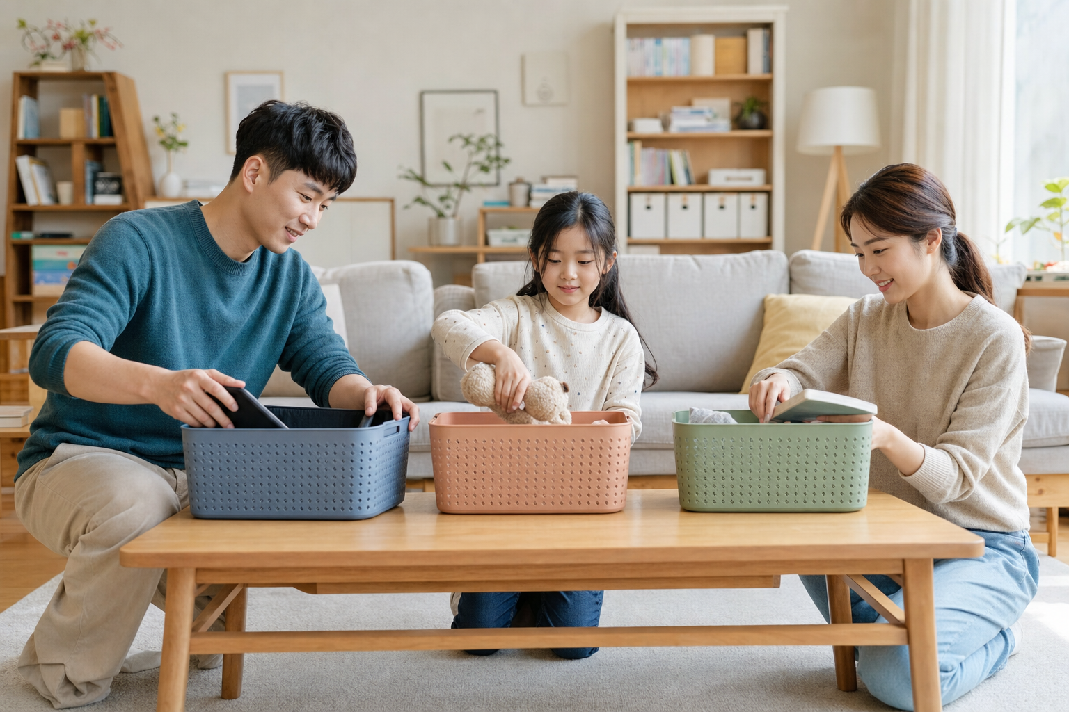 가족 구성원이 서로 다른 색의 개인 바구니에 각자 물건을 정리하는 모습