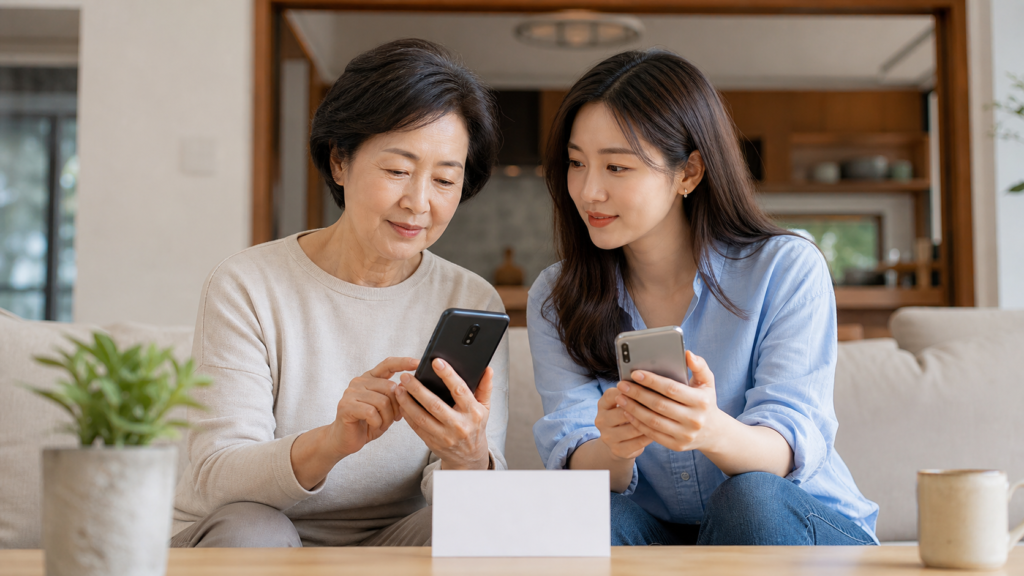 부모와 성인 자녀가 두 대의 스마트폰과 비상 연락 카드를 놓고 사기 전화 확인 절차를 연습하는 모습