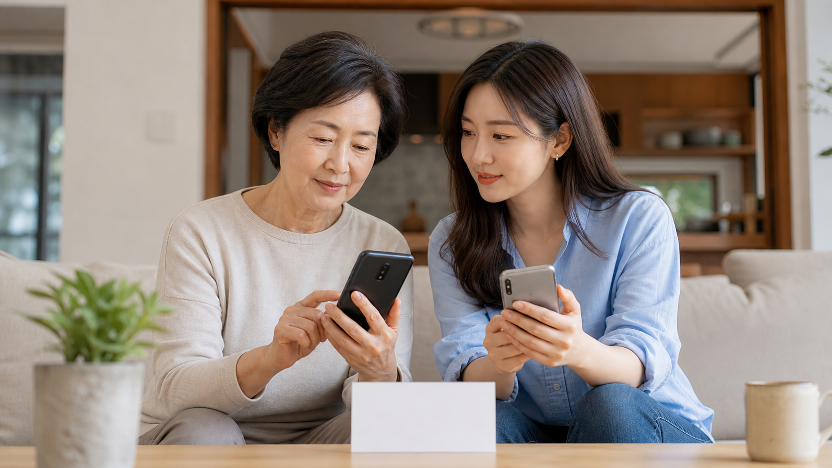 부모와 성인 자녀가 두 대의 스마트폰과 비상 연락 카드를 놓고 사기 전화 확인 절차를 연습하는 모습