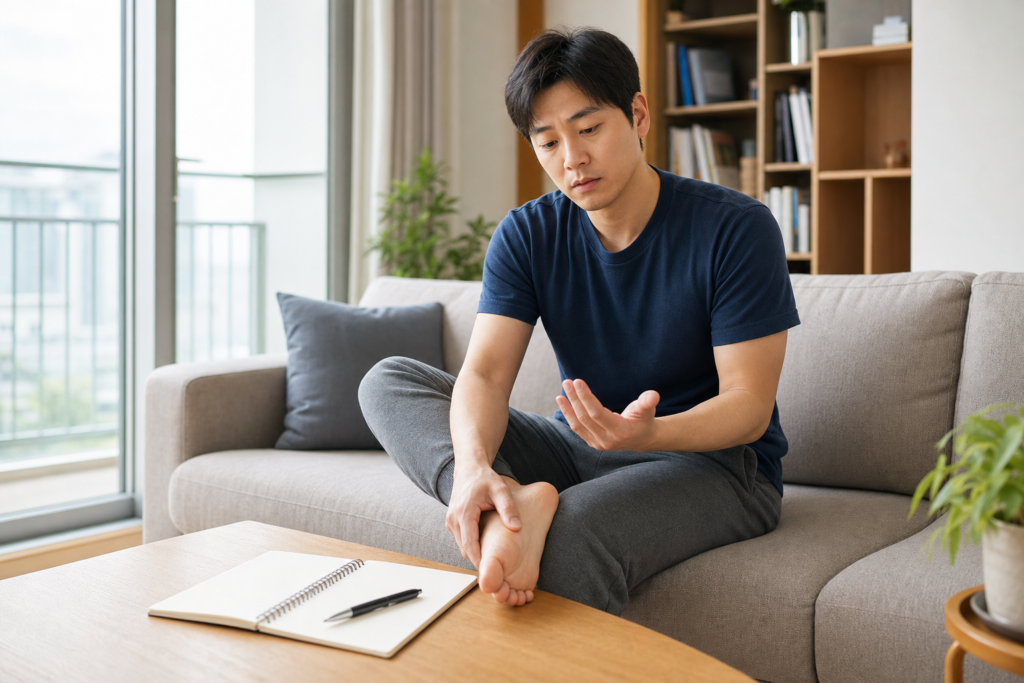거실에서 손가락과 발의 감각을 좌우로 비교하며 증상 기록용 빈 노트를 준비한 모습