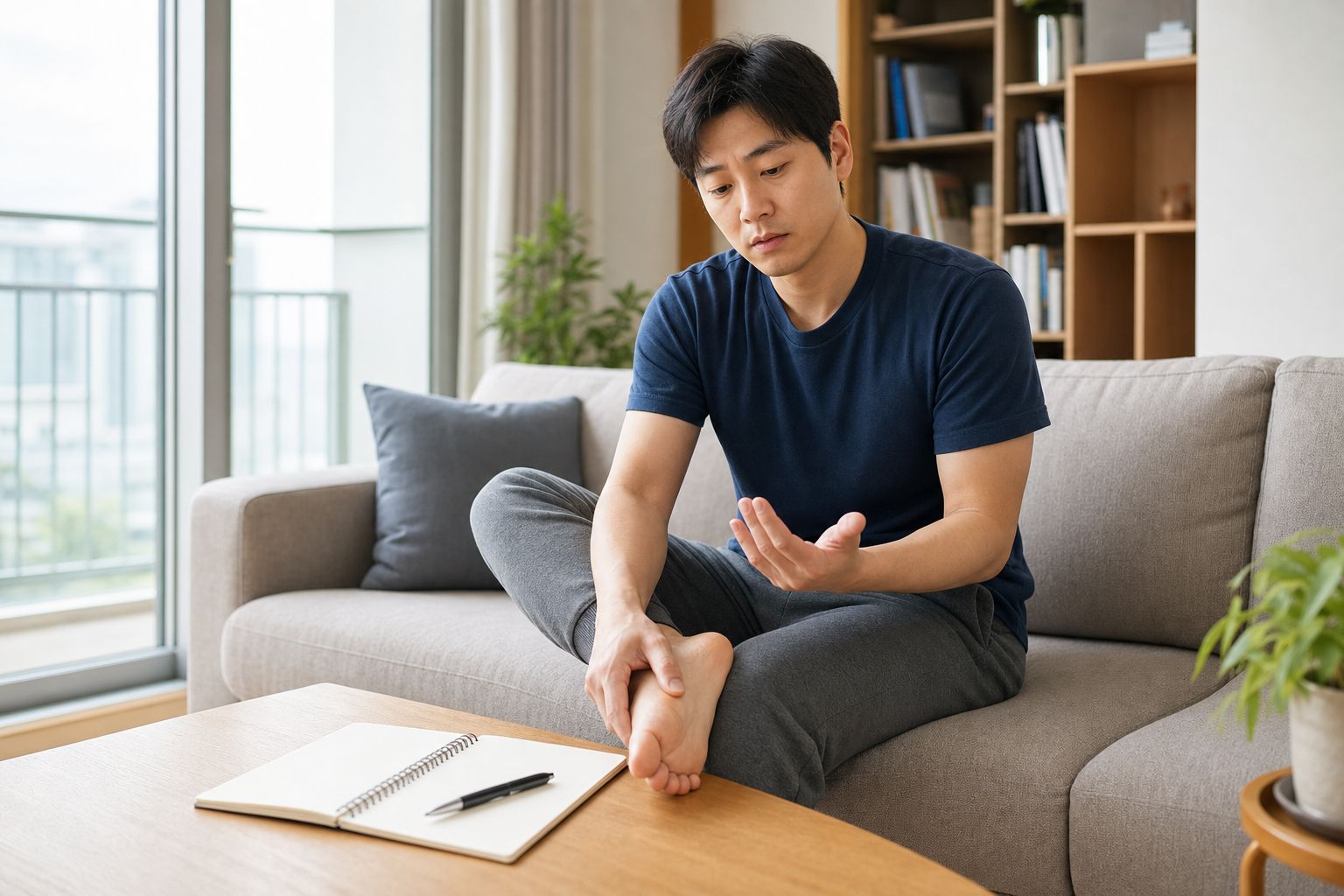 거실에서 손가락과 발의 감각을 좌우로 비교하며 증상 기록용 빈 노트를 준비한 모습