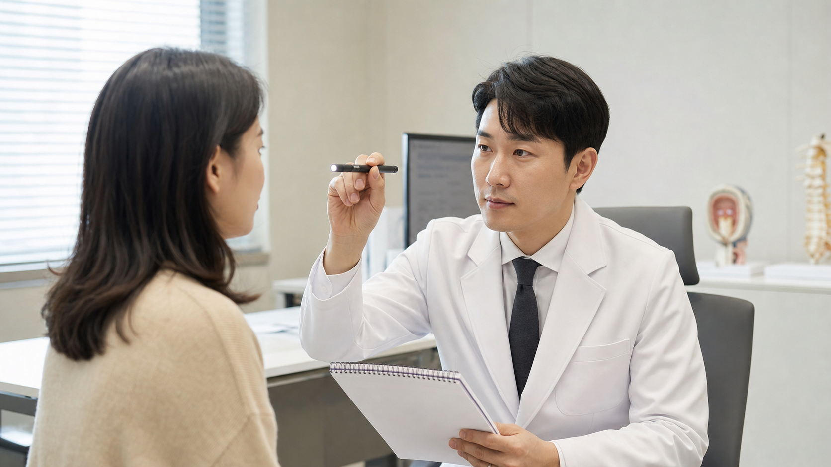 신경과 진료실에서 의료진이 두통 환자의 눈 움직임을 확인하고 증상 일지를 살피는 모습