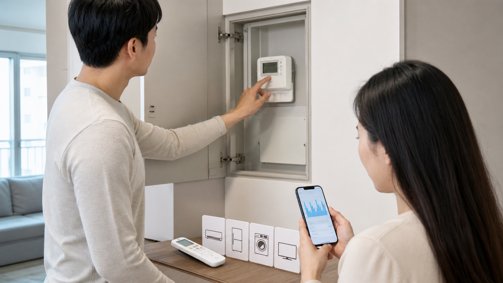 가정에서 전력량계 누적값과 휴대전화의 시간대별 전력 사용 그래프를 확인하는 모습