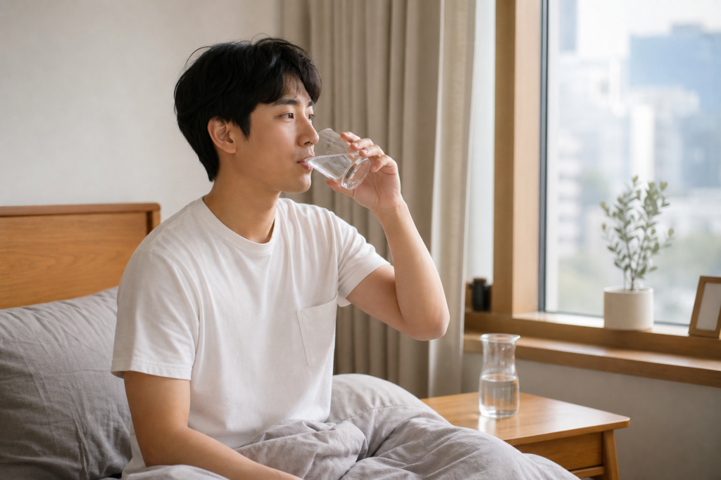 아침 햇빛이 드는 침실에서 일어난 뒤 작은 잔의 물을 천천히 마시는 모습