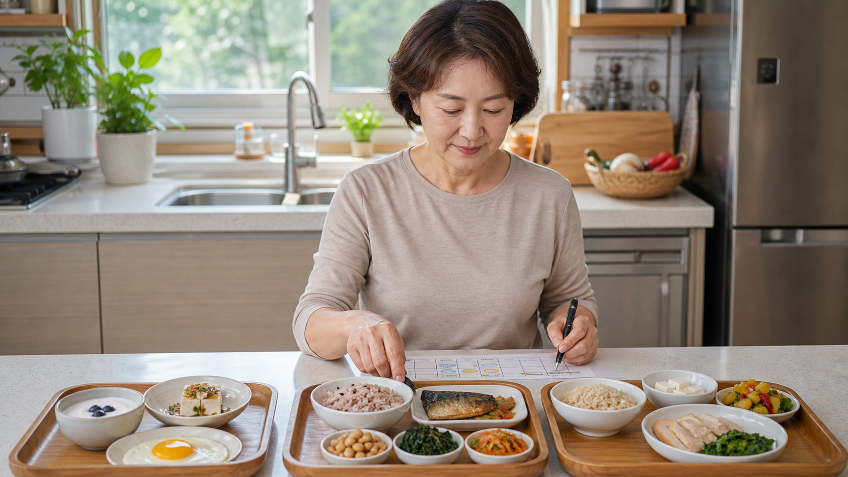 중년 여성이 달걀·두부·생선·콩·닭고기와 채소가 포함된 세 끼 식사를 나누어 계획하는 모습
