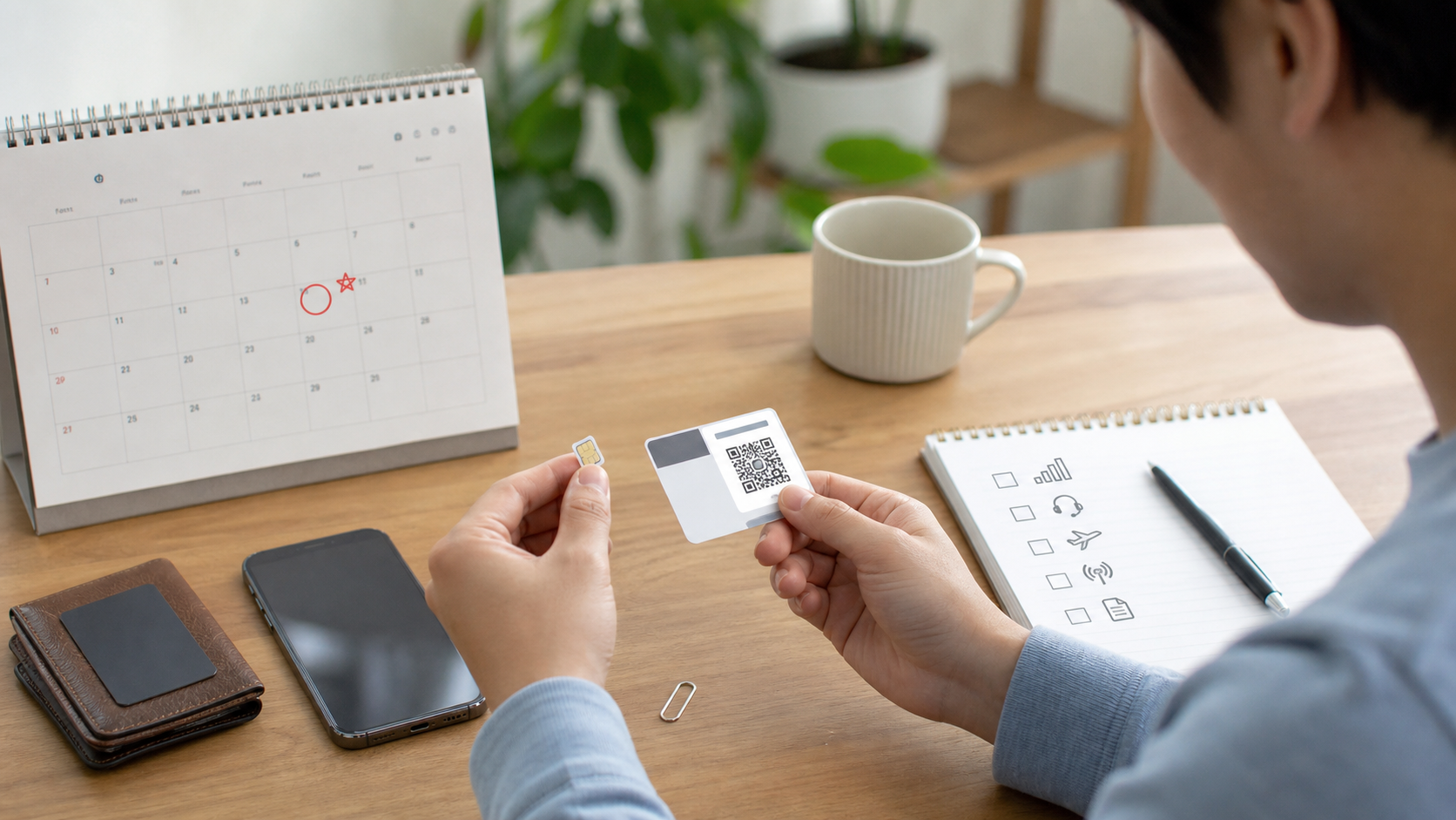 스마트폰과 유심, eSIM 안내 카드, 할인 종료 알림 달력을 두고 개통 조건을 점검하는 모습