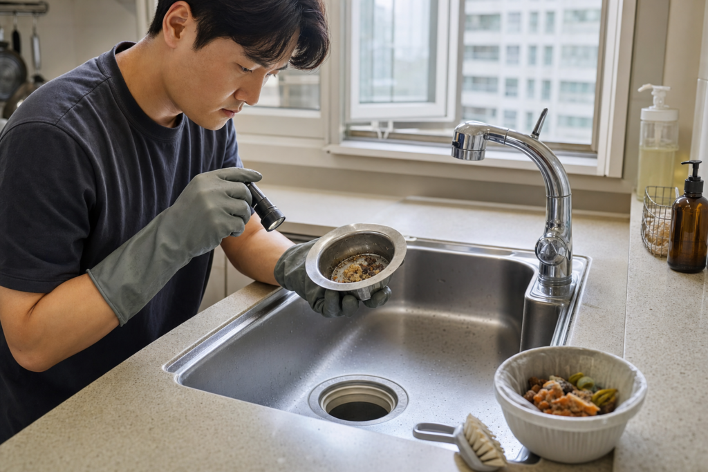 고무장갑을 끼고 싱크대 거름망을 꺼내 음식물 찌꺼기와 오염 상태를 손전등으로 확인하는 모습