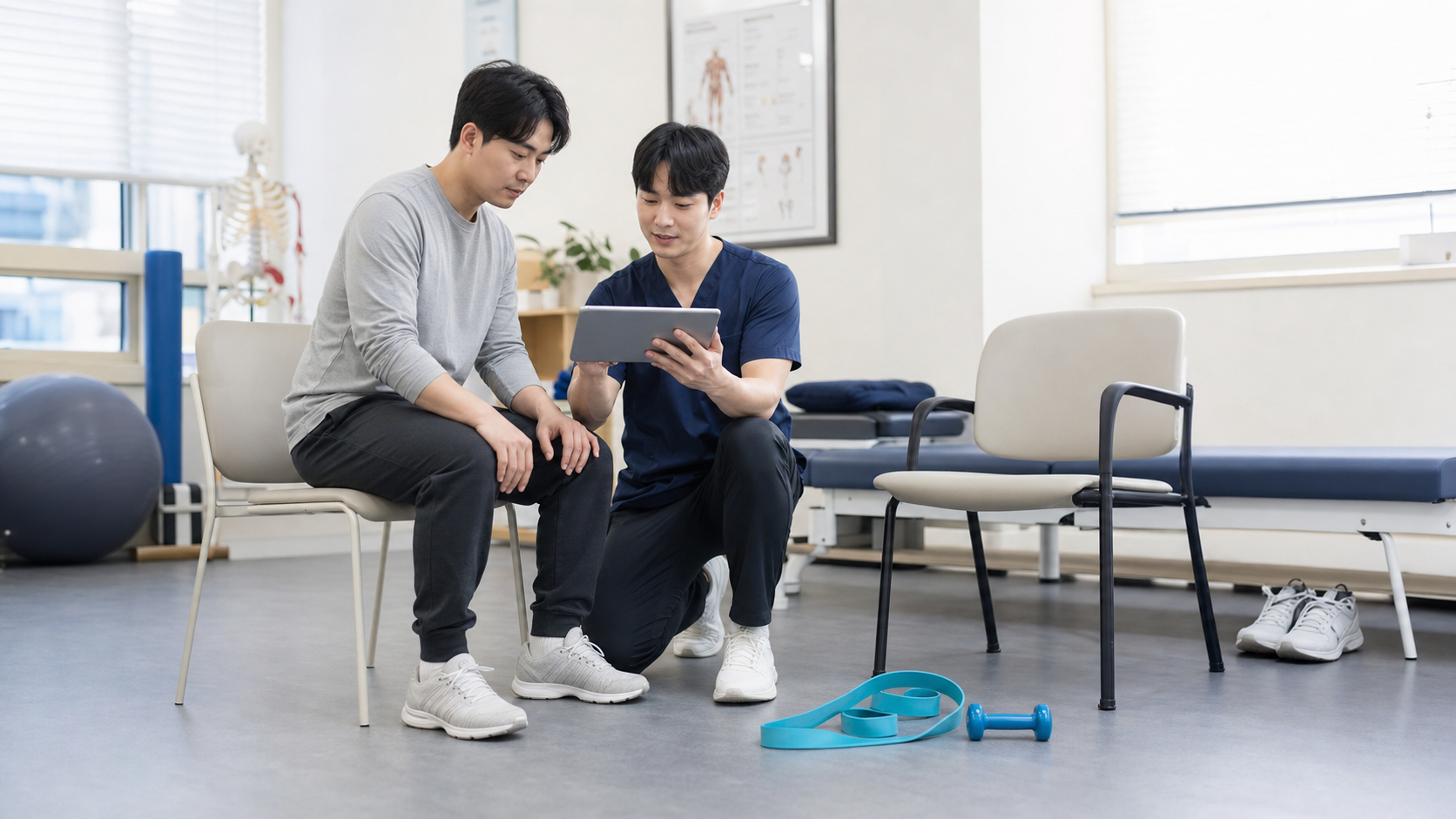 재활 전문가와 성인이 증상·활동 기록을 검토하고 가동성·근력·걷기를 조합한 회복 계획을 세우는 모습