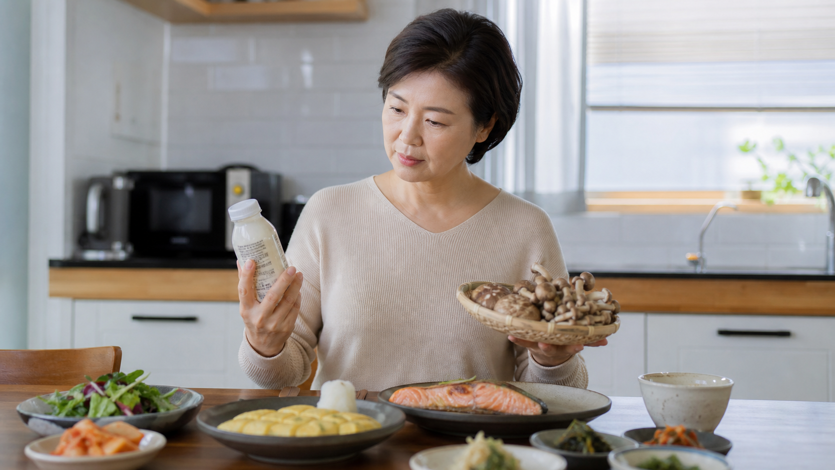 중년 여성이 연어와 달걀, 버섯이 놓인 식탁에서 강화 음료의 영양정보를 확인하는 모습