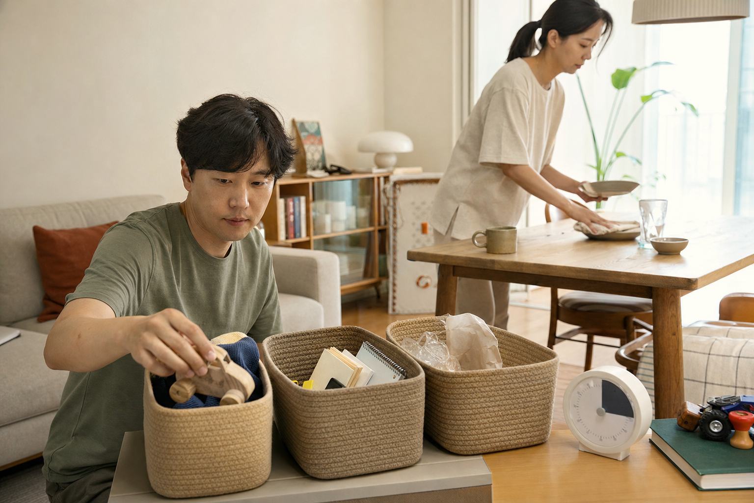 가족이 반환, 결정 보류, 배출용 바구니 세 개로 물건을 나누며 주간 정리를 시작하는 모습