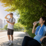 폭염 속 도심 공원에서 체감온도를 확인하고 그늘에서 물을 마시며 쉬는 모습